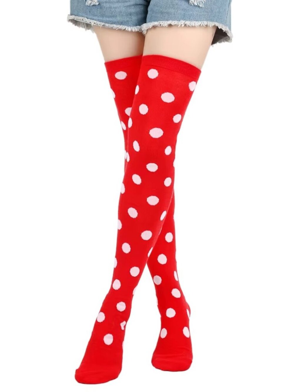 Women's Polka Dot Pattern Red with White Dots Over Knee Thigh High Socks